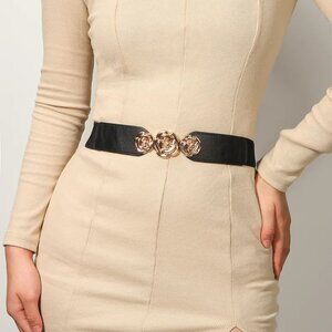 2/$30 Elastic Stretch Black Belt with Gold Rose Buckle Thin Pu Leather For Dress